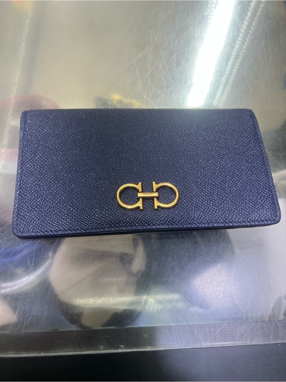 Salvatore Ferragamo Navy Textured Leather Wallet with Gold Double Gancio